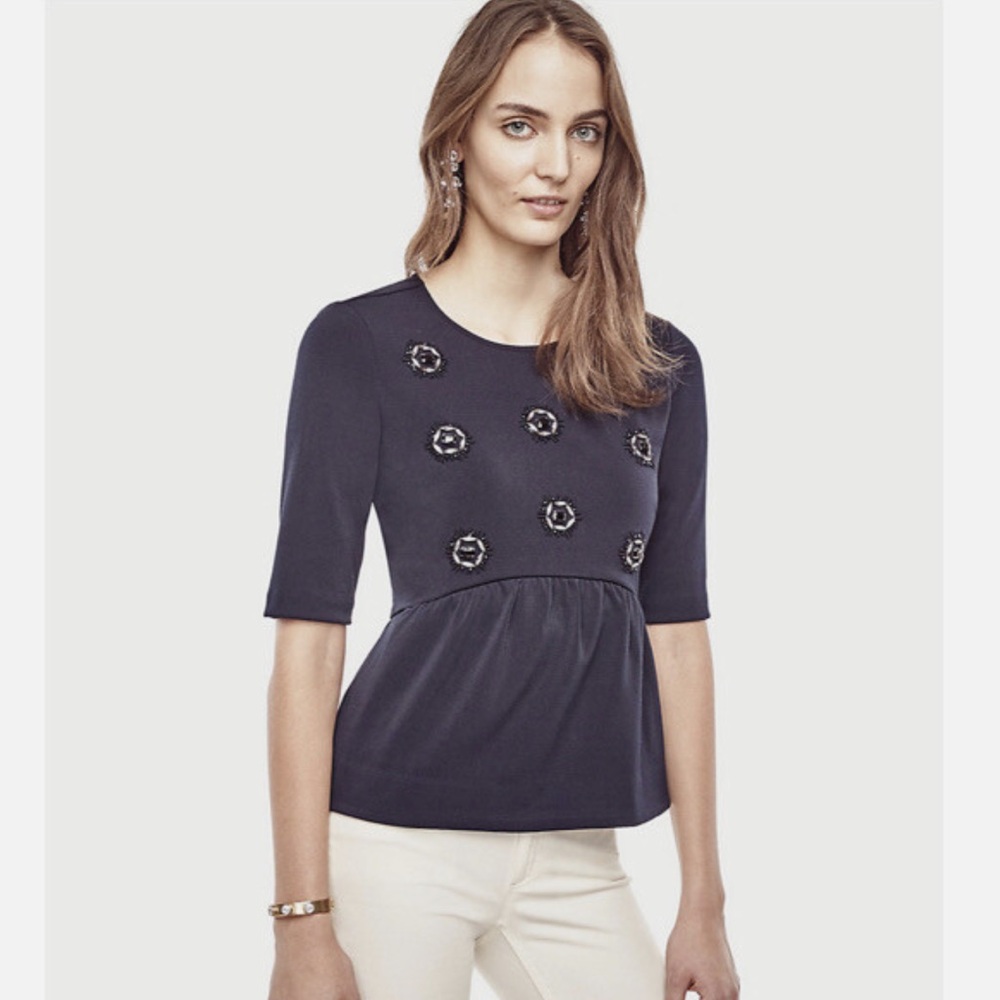 Ann Taylor Navy Blue Embellished Blouse